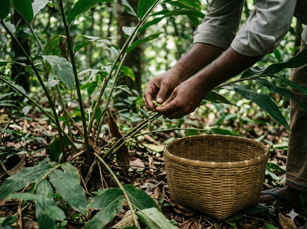 Hands picking cardamom pods from a low plant