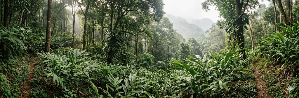 Aerial of the Varghese estate plantation under native canopy, Western Ghats