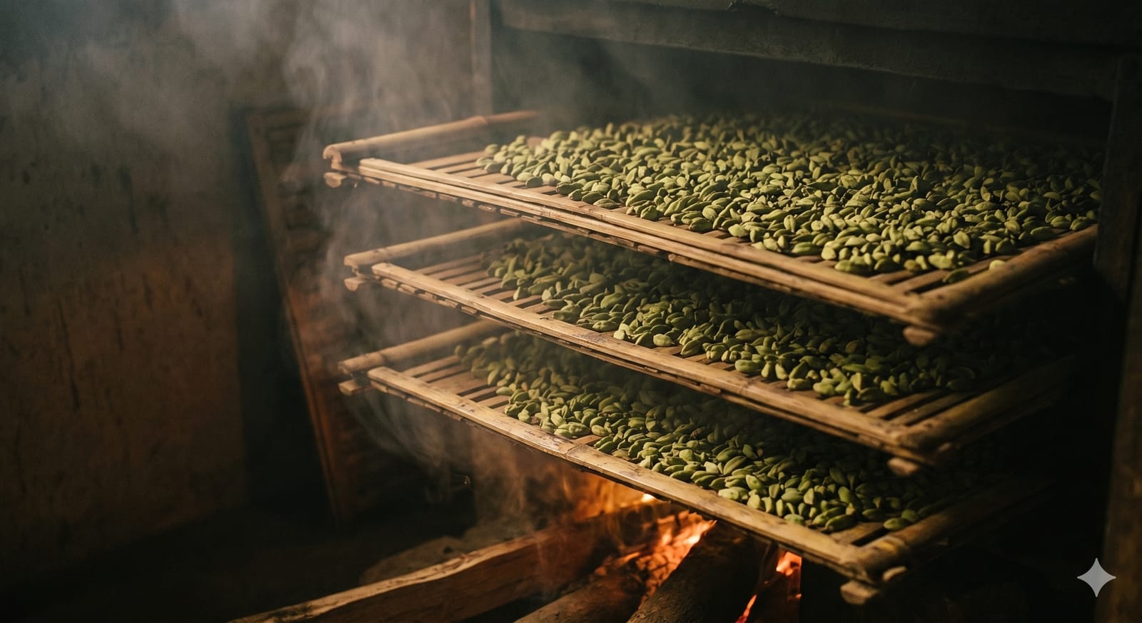 Green cardamom on slatted bamboo trays in the curing house