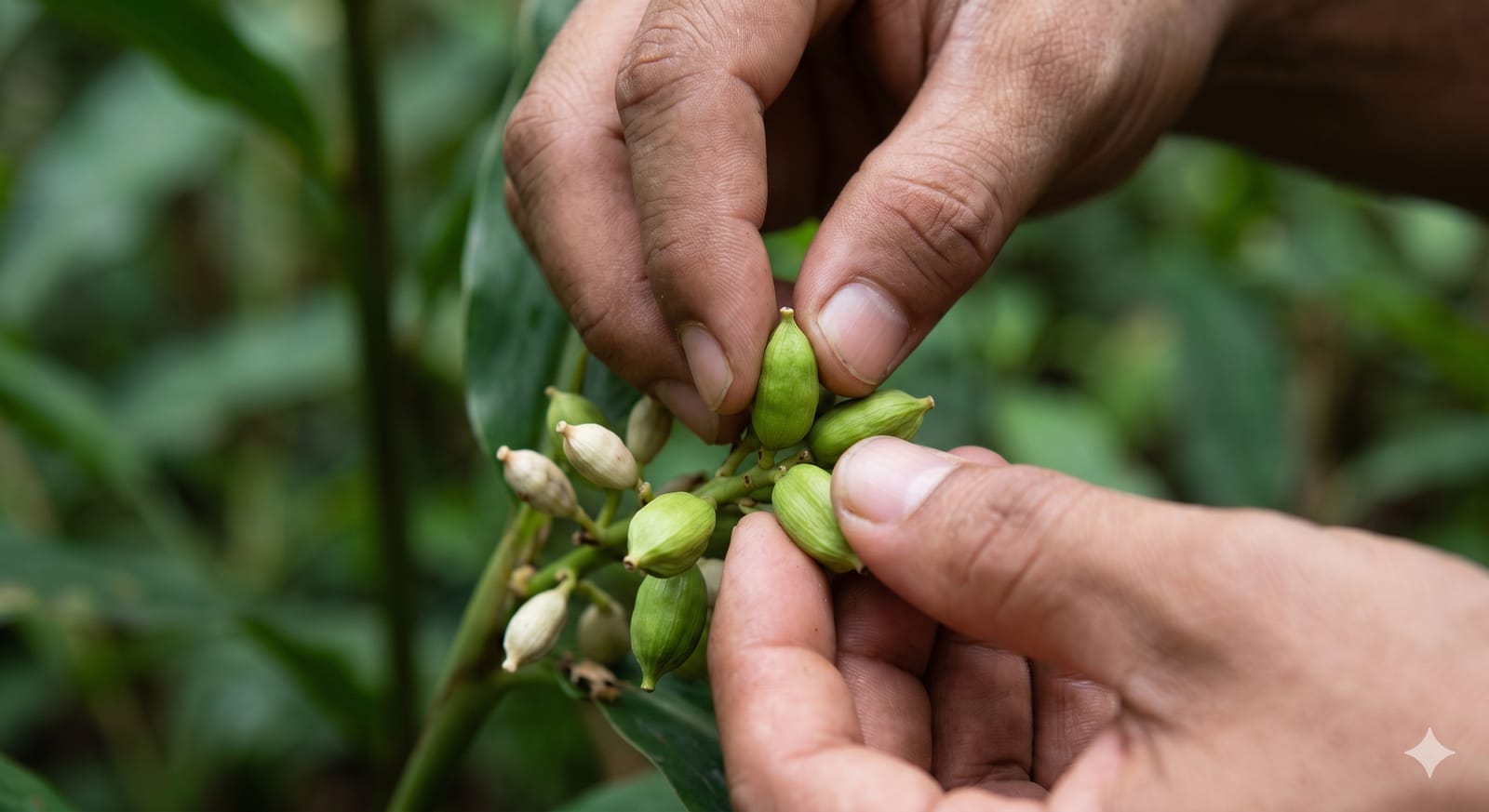Wooden grading table with cardamom pods sorted by size
