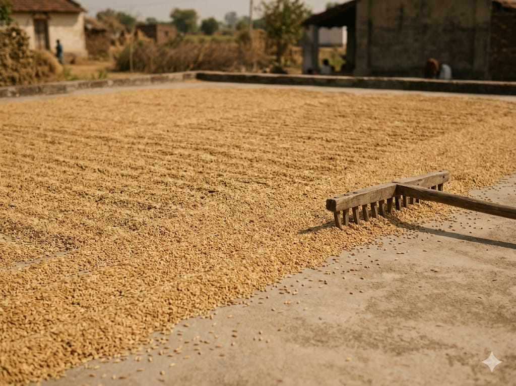 Rice grains spread on a concrete threshing floor