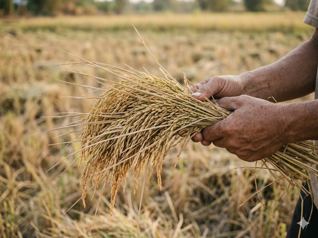 Hands holding a freshly cut bundle of paddy stalks