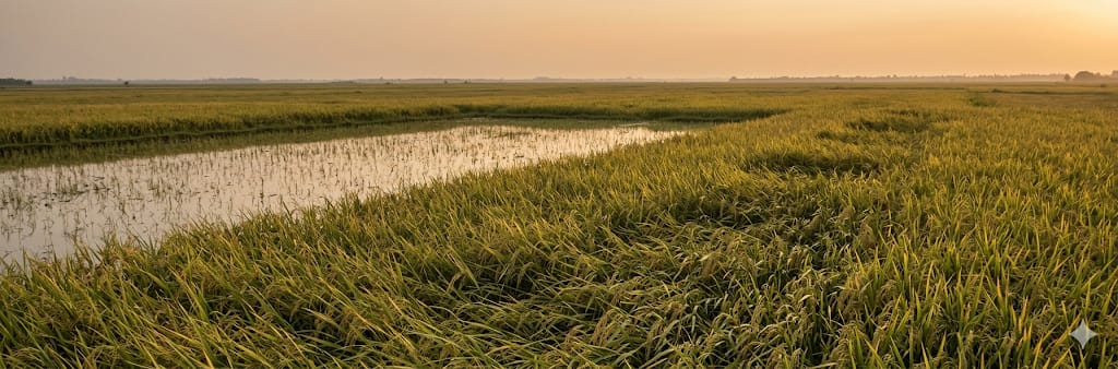Rice paddy fields at golden hour in the Krishna river delta