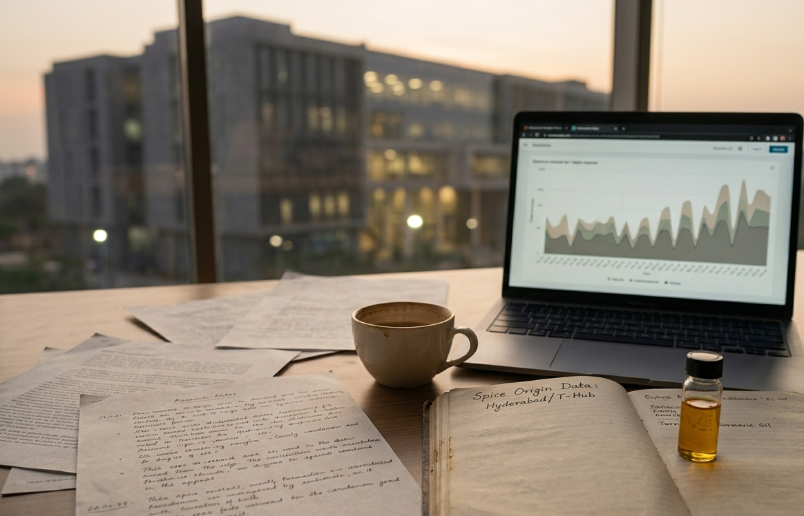 A research workspace at dusk — laptop showing a coffee plantation, handwritten field notes, a coffee cup, and an oil sample on a wooden desk