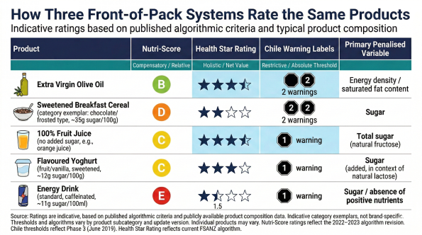 How Three Front-of-Pack Systems Rate the Same Products — Indicative ratings based on published algorithmic criteria and typical product composition